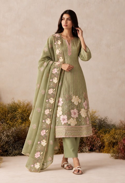 Green Shimmer Embroidered Work Salwar Suit for Ceremonial